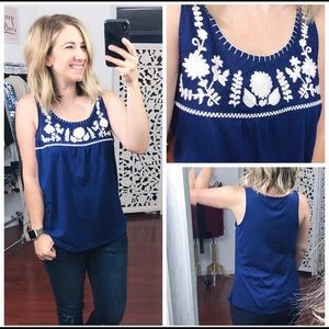 Blue Sleeveless Top w/ White Embroidery